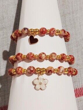 Handmade Red Glass Bracelet One Of A Kind. Golden Strawberry. Lot Of 3 Size 7''